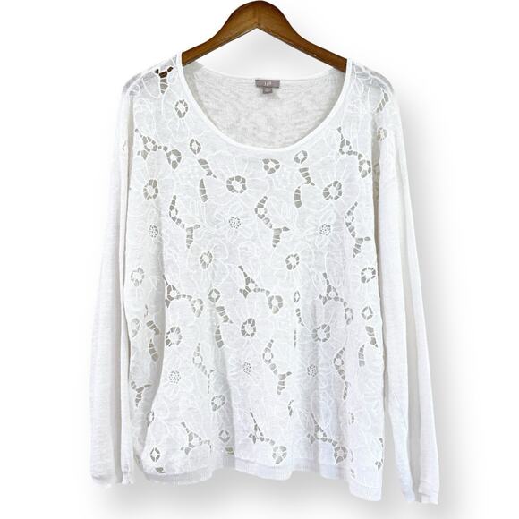 J Jill White Linen Blend Lace Crochet Cutout Scoop Neck Sweater Womens Large - Picture 1 of 10